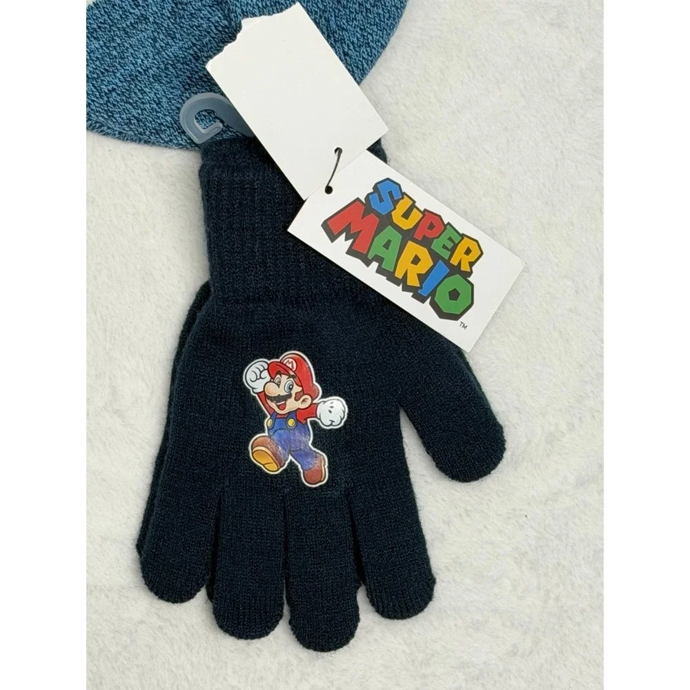 Super Mario Bros Nintendo NWT Knit Youth Hat & Gloves Set Cuffed Pom Beanie - Picture 3 of 4